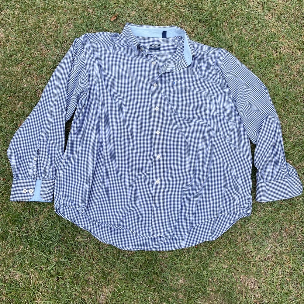 Izod Men's Shirt XXL Blue/White Check Button Down No-Iron Stretch Cotton Gingham